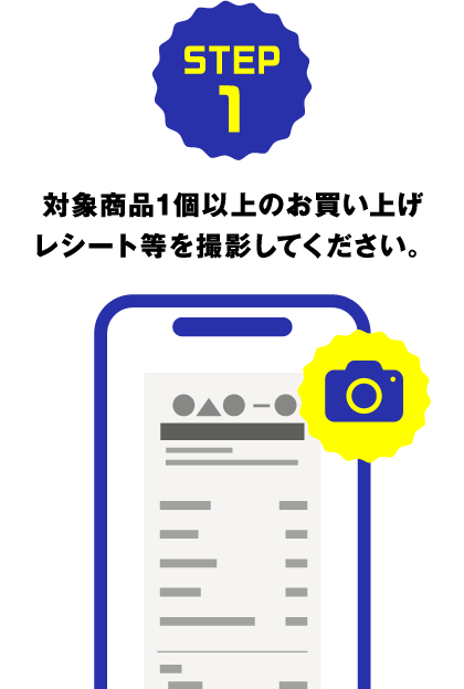 STEP1 対象商品1個以上のお買い上げレシート等を撮影してください